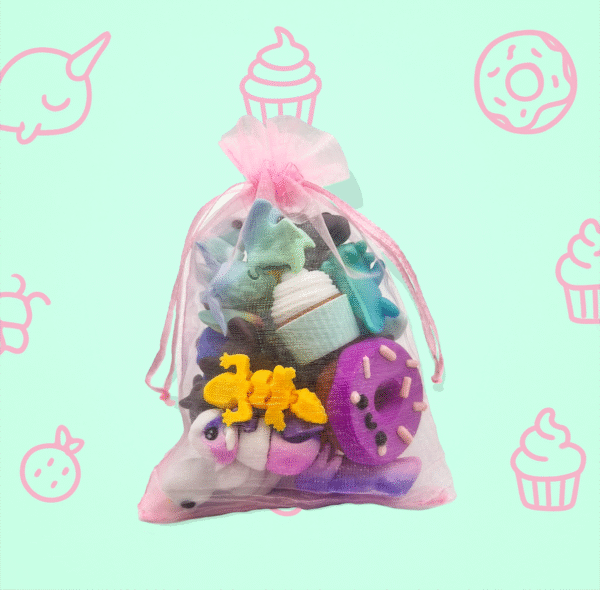 Colorful toy collection in a pink drawstring bag.